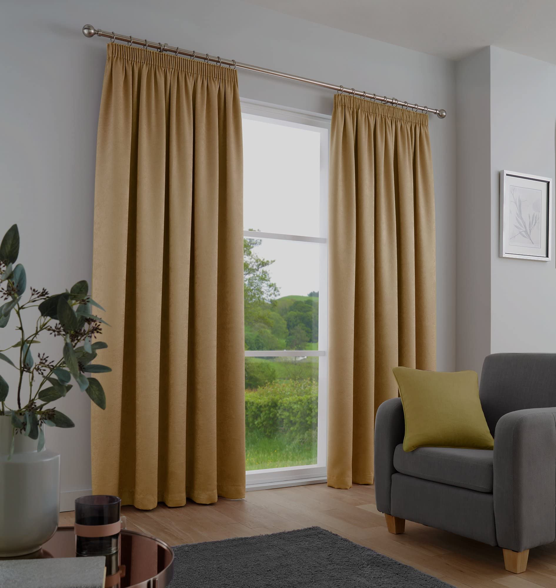 Fusion - Galaxy - Pair of Dim-out Pencil Pleat Curtains - 46" Width x 54" Drop (117 x 137cm) in Ochre