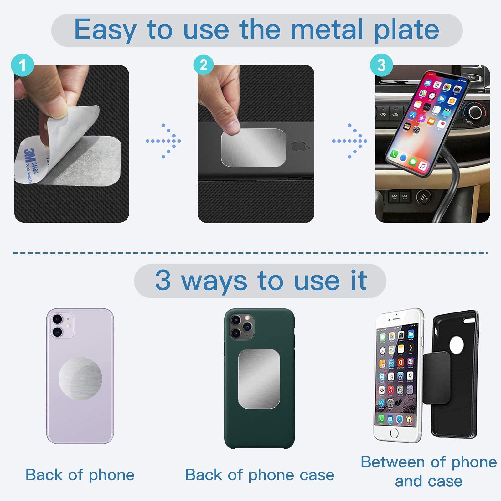 Phone Metal Plates for Magnetic Car Mount, Wall, Phone Holder. Replacement Set of 16 Silver Round Iron Discs Without Holes. 3M Adhesive Thin Steel Cell Phone Case Back Magnet Stickers 16 Pack.
