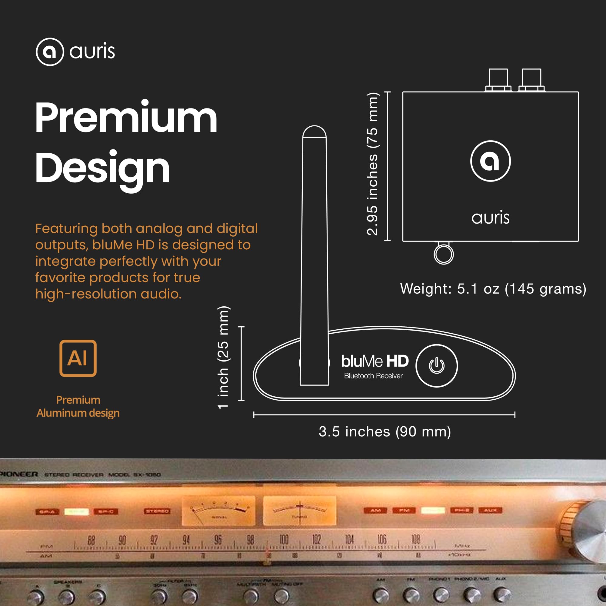 Auris Blume HD Long Range Bluetooth 5.3 Music Receiver Hi-Fi Audio Adapter with Audiophile DAC, LDAC & AptX HD for Home Stereo, AV Receiver or Amplifier