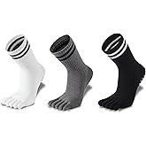 KULLAMEE 3Pairs Grippy Yoga Socks for Women – Full Toe Cotton Crew Pilates Socks with Non Slip Sticky Grip Bottom,Gifts for Yoga,Barre,Pilates,Dance,Exercises and indoor walking.(Black/Grey/White)
