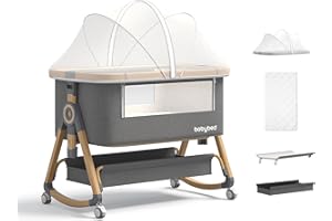 Jimberbay Baby Bassinet, 5 in 1 Bedside Sleeper with Mosquito Net Diaper Table 4D Air Fiber Mattress and Storage Basket, Wate