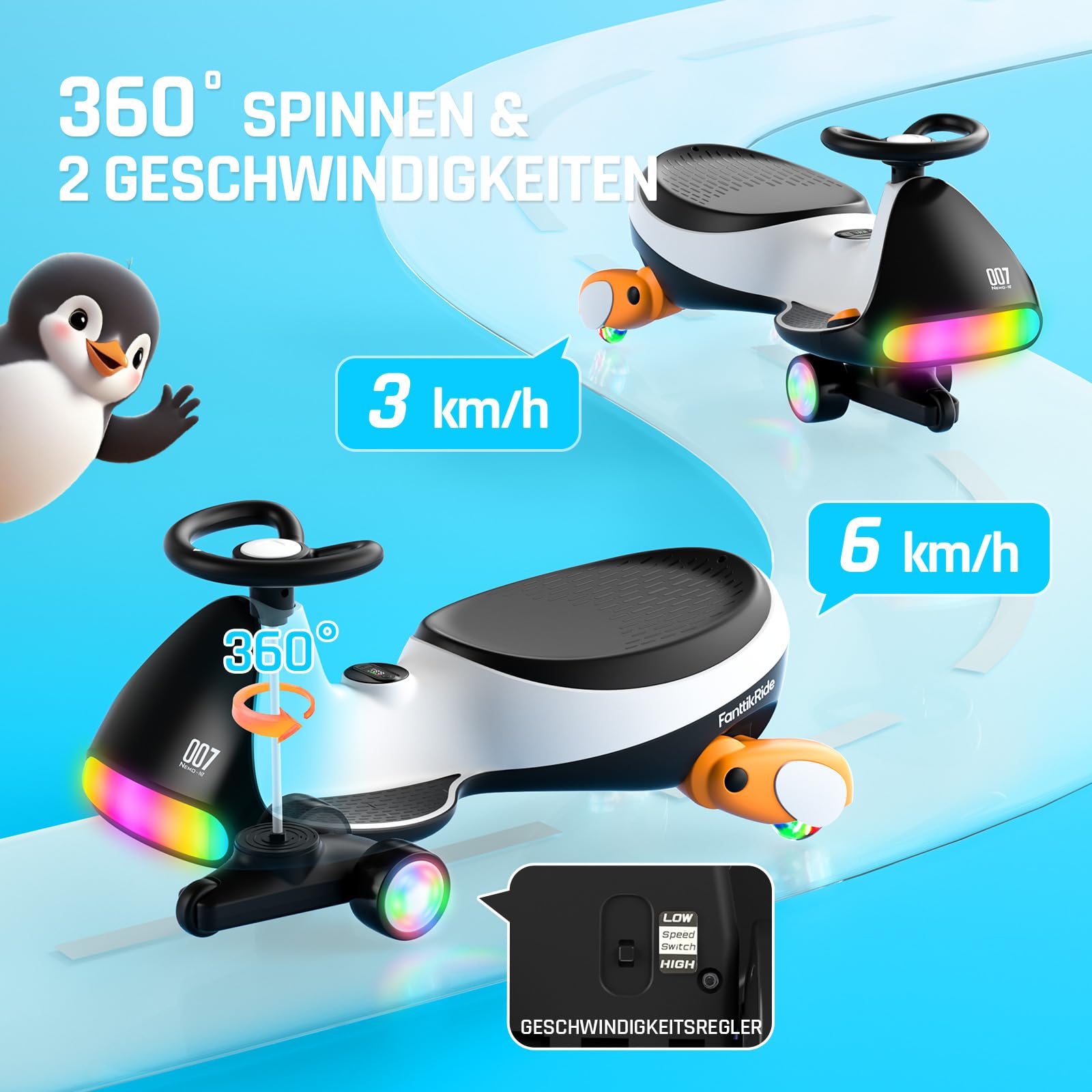 FanttikRide N7 Ultra Elektrisches Kinderauto mit Pedal, Kinder Auto, MagicMute Motor, 2 Geschwindigkeiten, 9 Farbmodi, Digitalanzeige, Bluetooth, für Kinder ab 3 Jahren, 68KG, Pinguin Schwarz 6