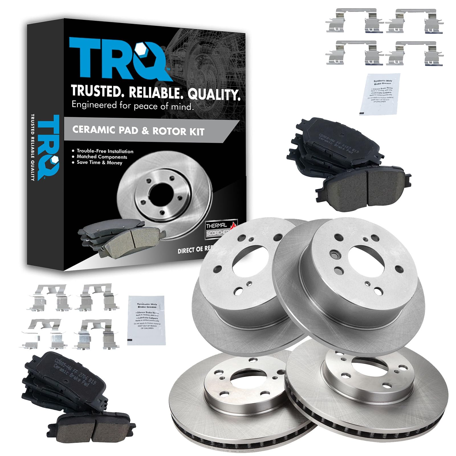 Photo 1 of TRQ Front and Rear Ceramic Brake Pad and Rotor Set Compatible with 2002-06 Toyota Camry LE Japan Built Models 1st VIN Digit J