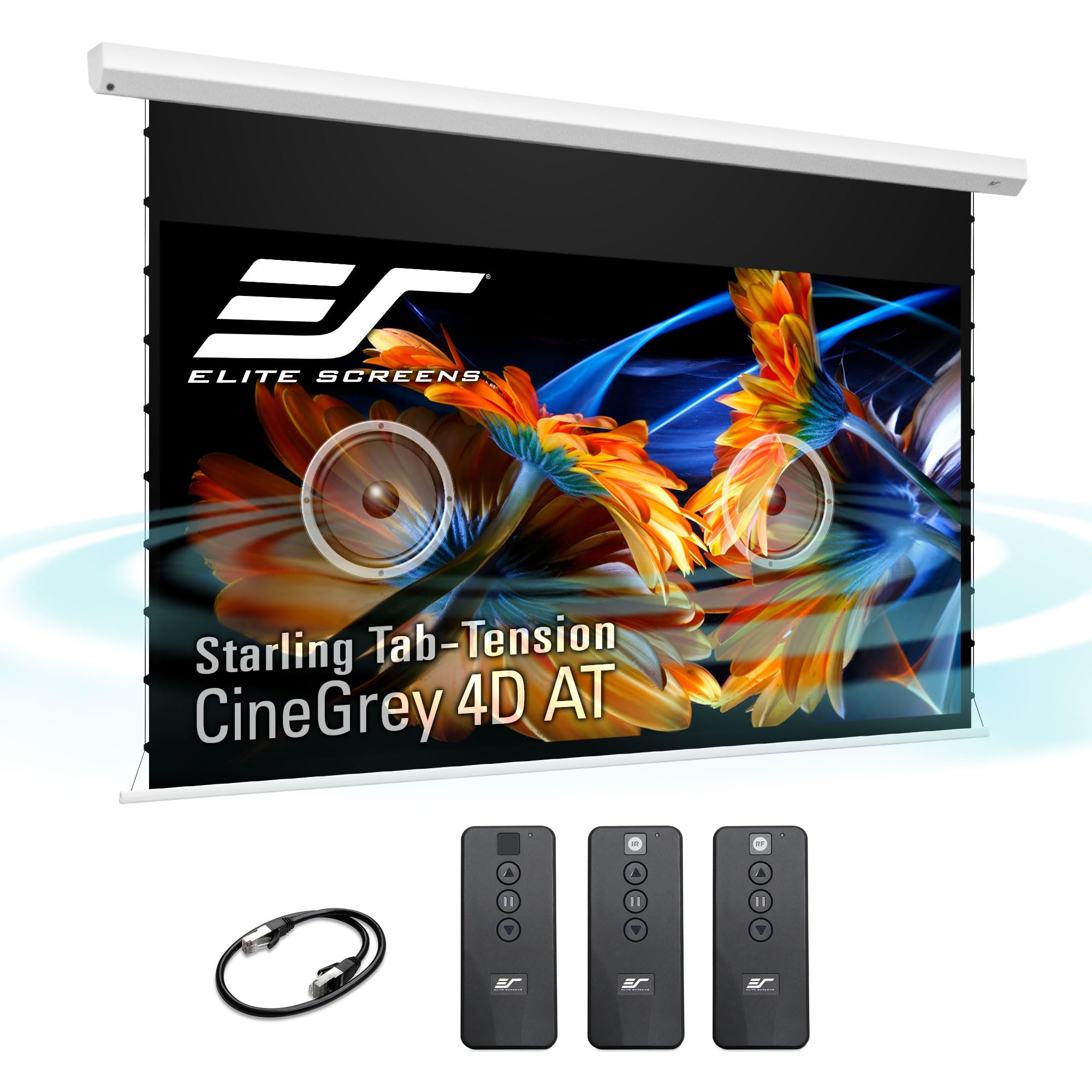 Photo 1 of Elite Screens Starling Tab-Tension CineGrey 4D at, 110 Inch Diag 16:9, Ceiling Ambient Light Rejecting (CLR/ALR) Sound Transparent Tab-Tensioned Electric Drop Down Projector Screen, STT110XHD4AT-E12