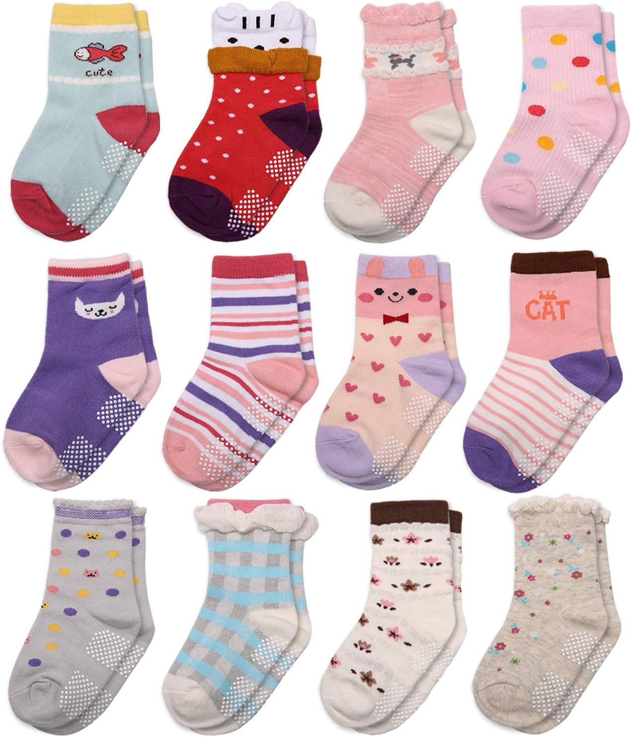 12 Pairs Assorted Non-Skid Ankle Cotton Socks with Grip For Kids Toddlers Baby Girls
