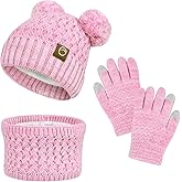 Kids Winter Hat Gloves Scarf Set,Toddler Girls Winter Hat Kids Beanie with Pom Neck Warmer Gaiter Mittens Fleece Lined Set