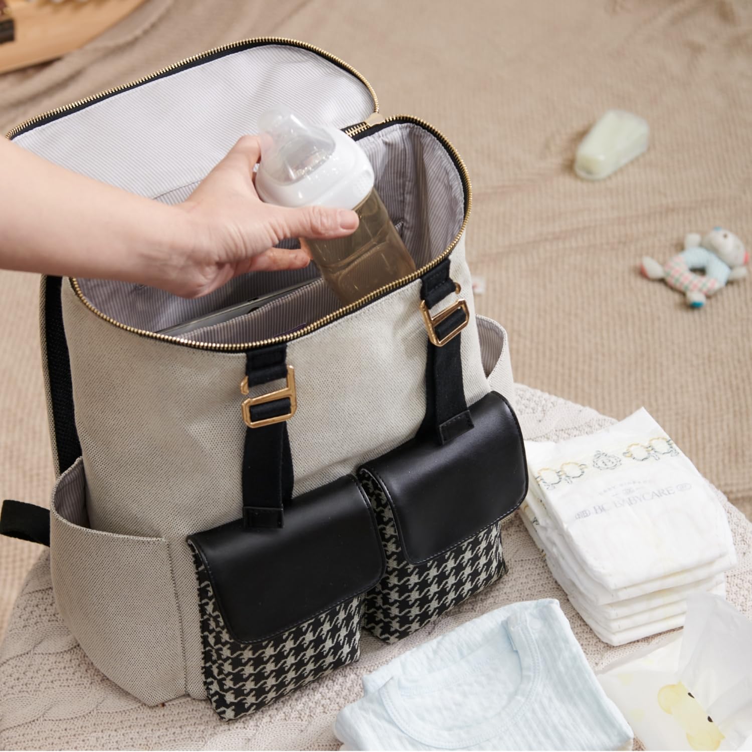 SUNVENO Diaper Bag Backpack, Large Capacity Nappy Changing Bag Featuring Bottle Pockets, Changing Pad, Stroller Clips and Comfortable Backpack Straps, Black