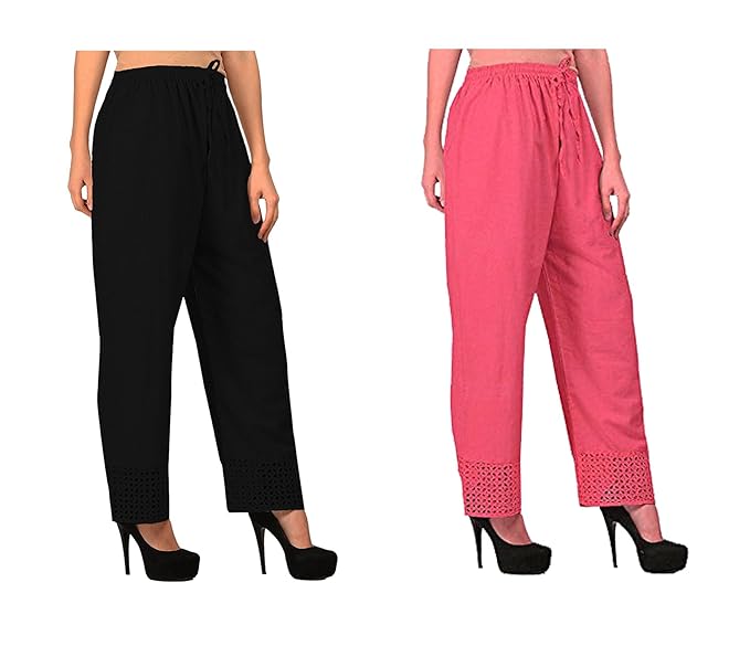 Women's Cotton Palazzo Designer Plain Casual Wear Palazzo for Women/Girl Combo Cotton Palazzo Color-Black_Peach