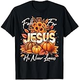 Fall for Jesus He Never Leaves Christian Faith Cross Pumpkin T-Shirt