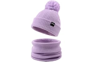 Bamery Classic Solid Kid Winter Hat Scarf Set Knitted Toddler Hat Neck Warmer Boy and Girl Pompom Beanie (Purple Set, 3-10 Ye
