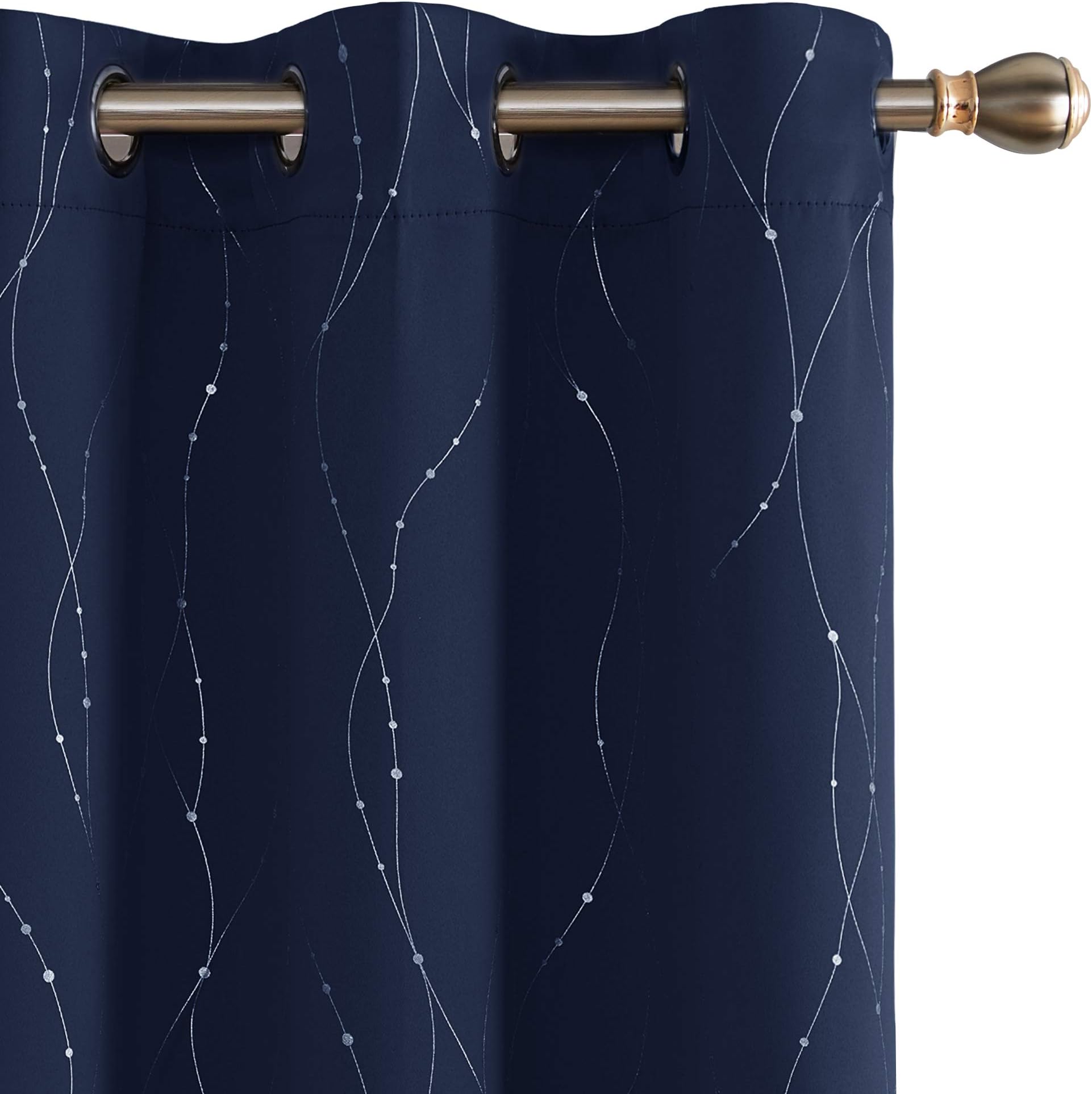 Deconovo Blackout Curtains Grommet Top Thermal Insulated Wave Line and Dots Foil Printed Noise Reducing Window Drapes for Kitchen 42 x 108 Inch Navy Blue Set of 2 Panels