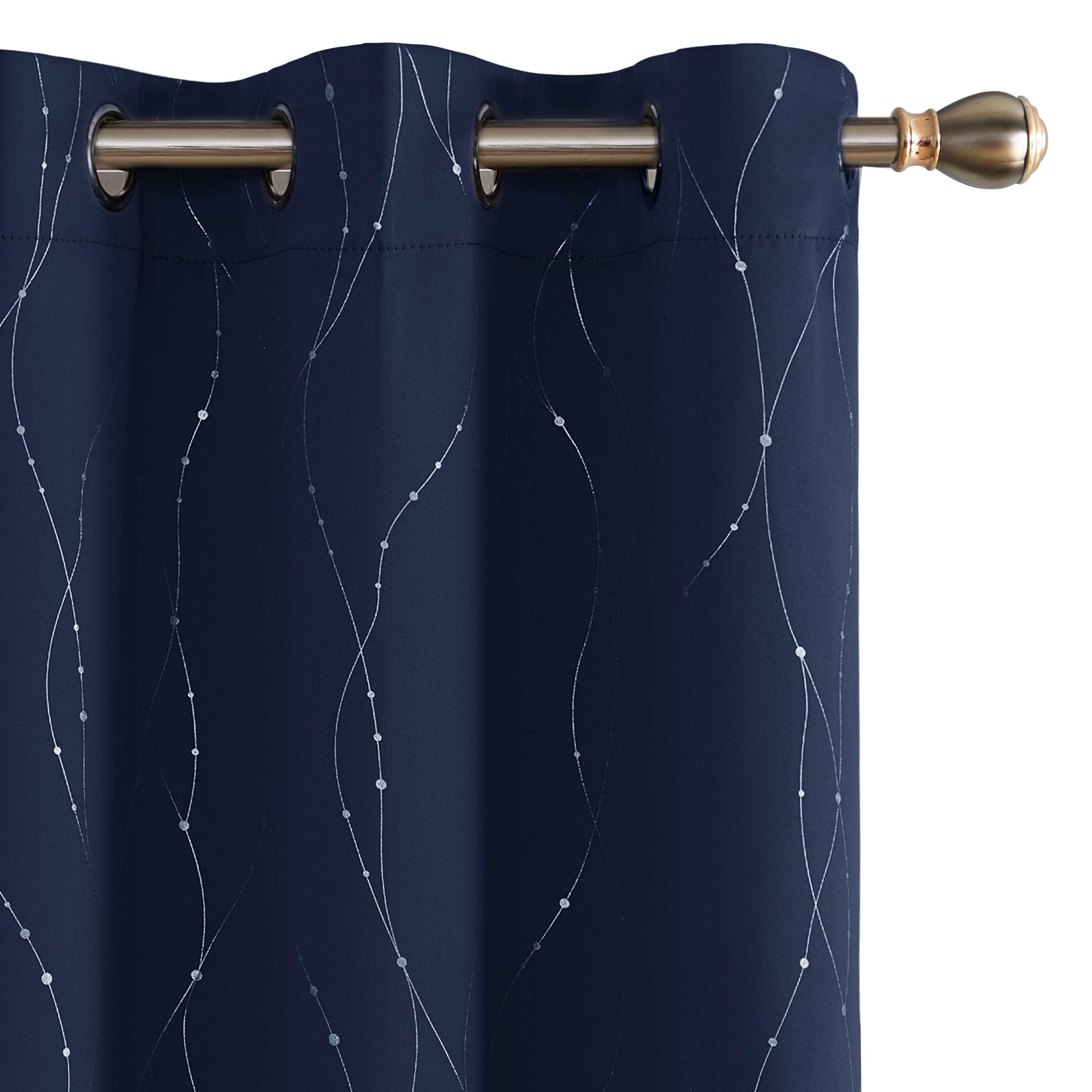 Deconovo Blackout Curtains Grommet Top Thermal Insulated Wave Line and Dots Foil Printed Noise Reducing Window Drapes for Kitchen 42 x 108 Inch Navy Blue Set of 2 Panels