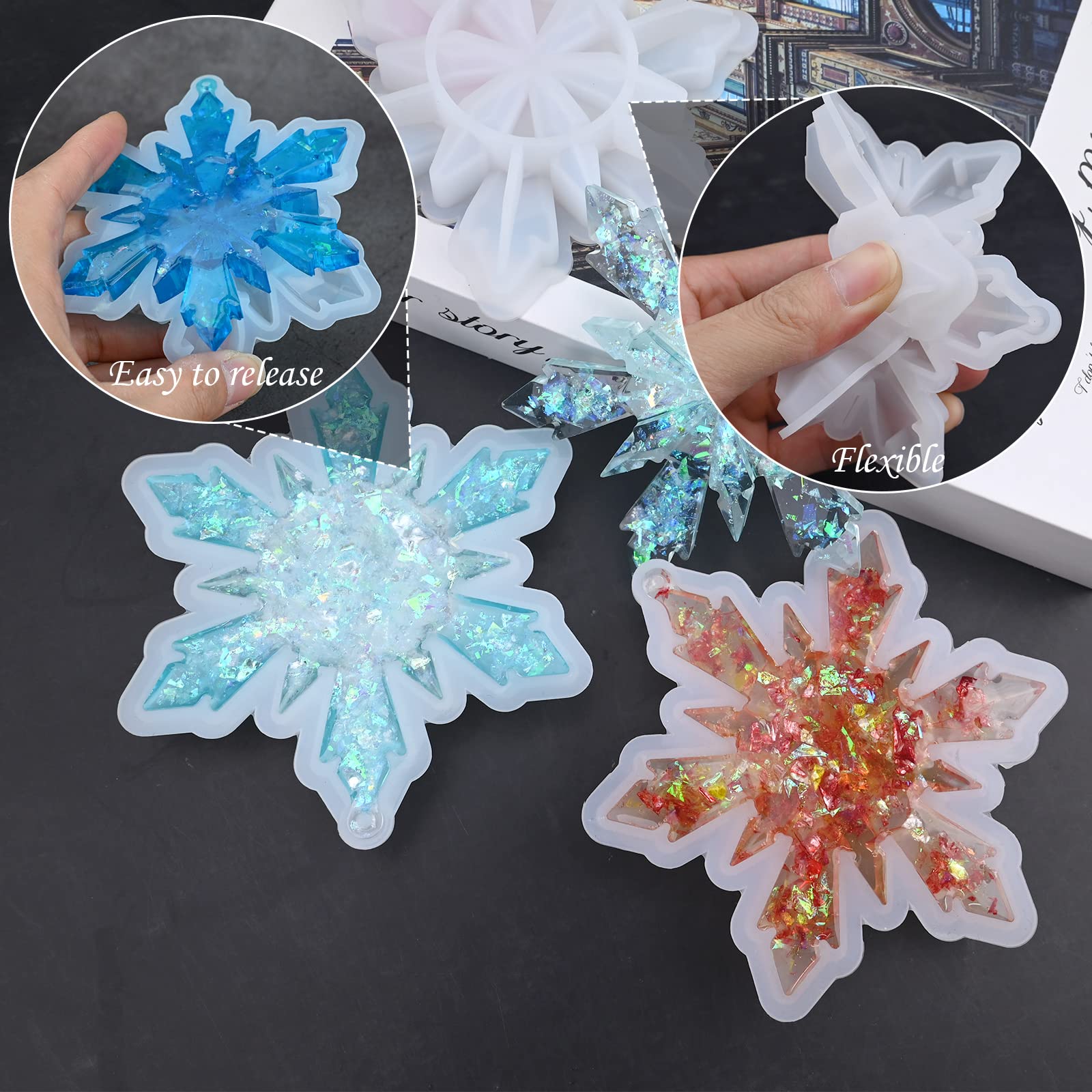 HUAKENER Christmas Resin Molds Silicone - 4 Pcs Big Snowflake Resin Mold, Christmas Ornament Resin Molds for Xmas Winter Decoration
