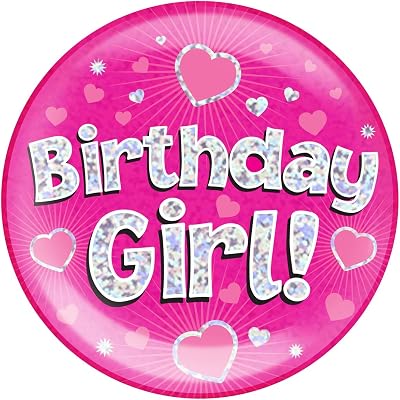 OakTree 6 Inch Jumbo Badge Birthday Girl Pink Holographic Dot