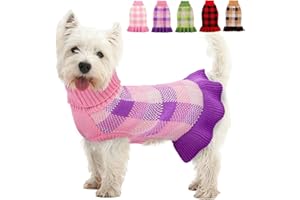 KAMA BRIDAL Dog Sweater Dress Plaid Knitwear for Small Medium Dogs Warm Puppy Pet Turtleneck Stretch Pullover Cute Fall Winter Vest Clothes with Leash Hole for Christmas (Purple, XS)