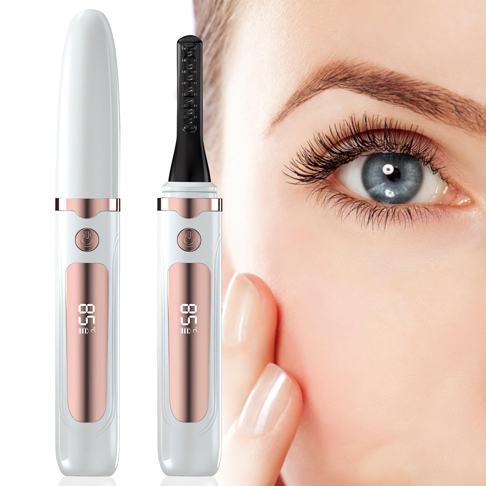 Heated Eyelash Curler, Type-C Rechargeable Portable Heated Lash Curler with LED Display, 4 Gear Temperature Control Fast Heating Electric Eyelash Curler for Natural Long Lasting Curling (White)