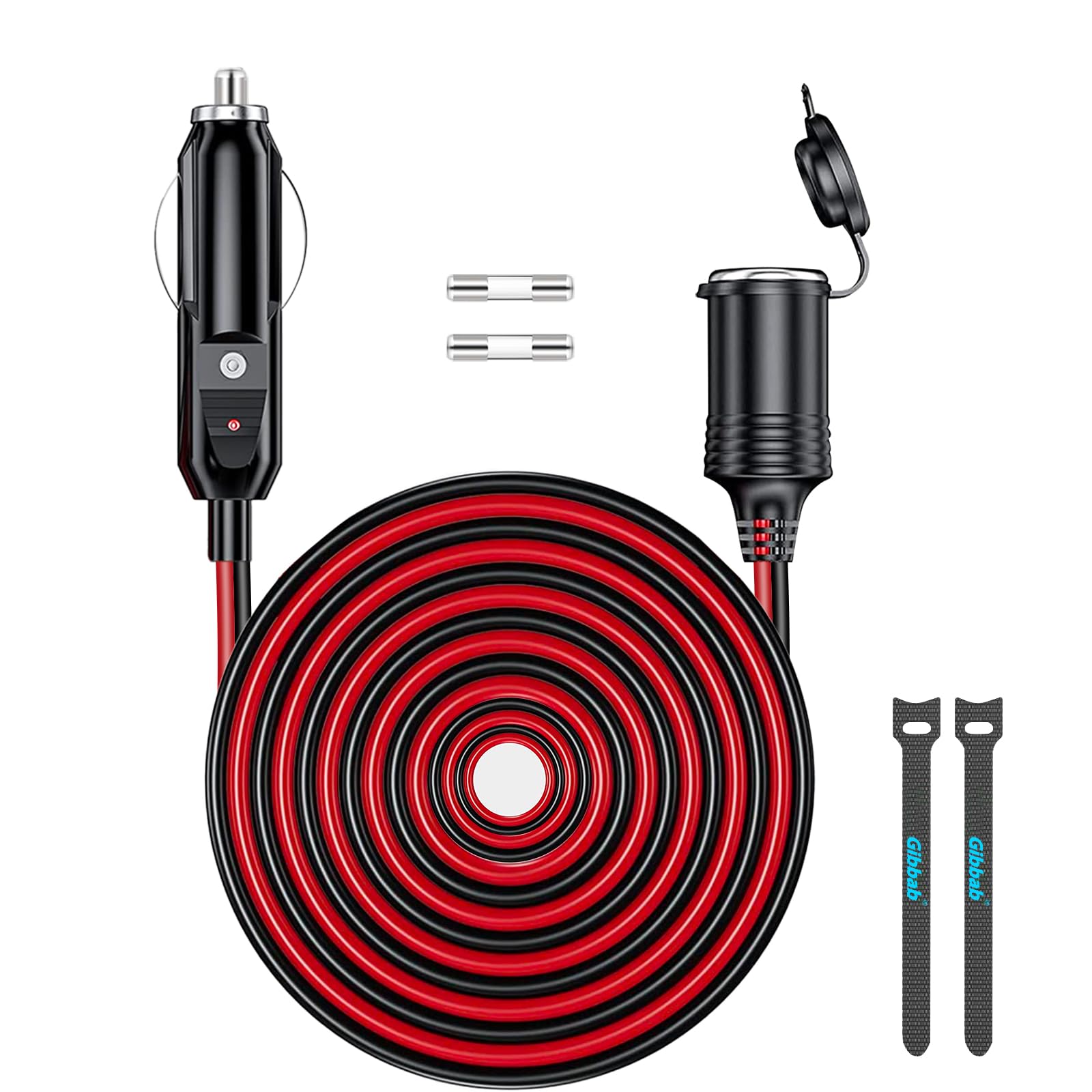 Photo 1 of 1PCS 26FT 12V/24V Heavy Duty Cigarette Lighter Extension Cable 16AWG, 156W/15A Male Plug to Female Socket Adapter Extension Cord with 2*20A Fuse and LED Lights for Inflator, Tire Pump, Air Compressor