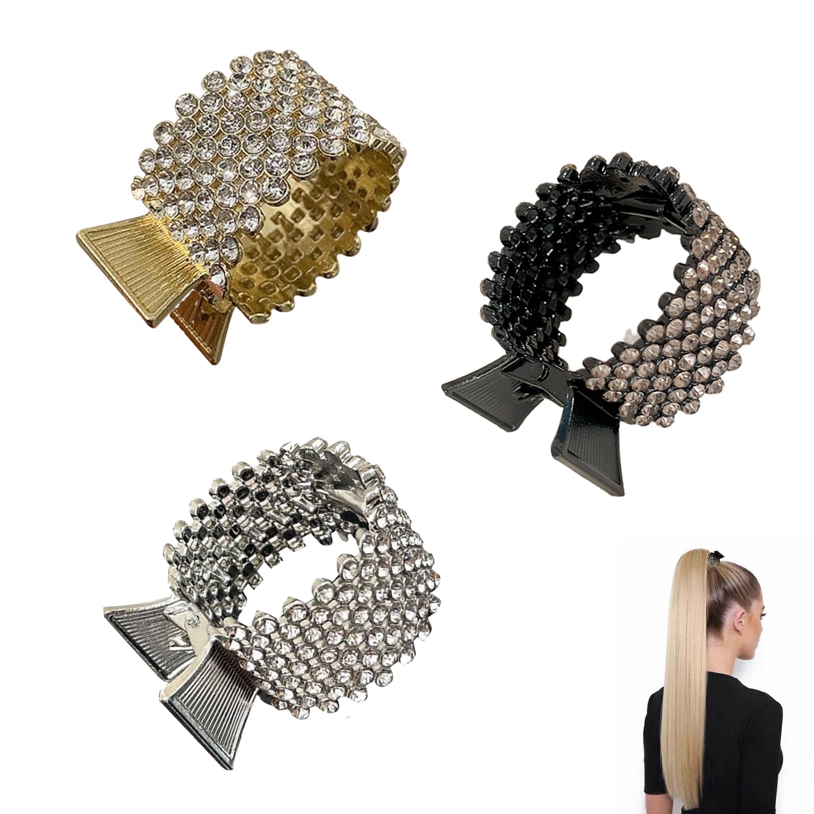 3PCS Ponytail Clip Alloy Pony Tail Hair Clips Women 3 Colors Ponytail Cuff Hair Claw for High Ponytail Sparkly Hair Accessories Crystal Hairpins for Wedding Guest Party and Women Girls Gift