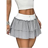 Verdusa Women's Y2K Ruffle Mini Skirt Drawstring Waist A Line Flared Cake Skirts