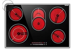 Karinear Electric Cooktop 30 Inch, 8400w 5 Burners Electric Stove Top, Built-in Ceramic Cooktop with Glass Protection Metal Frame, Multifunctional Stove for 220-240v, Hard Wire, No Plug