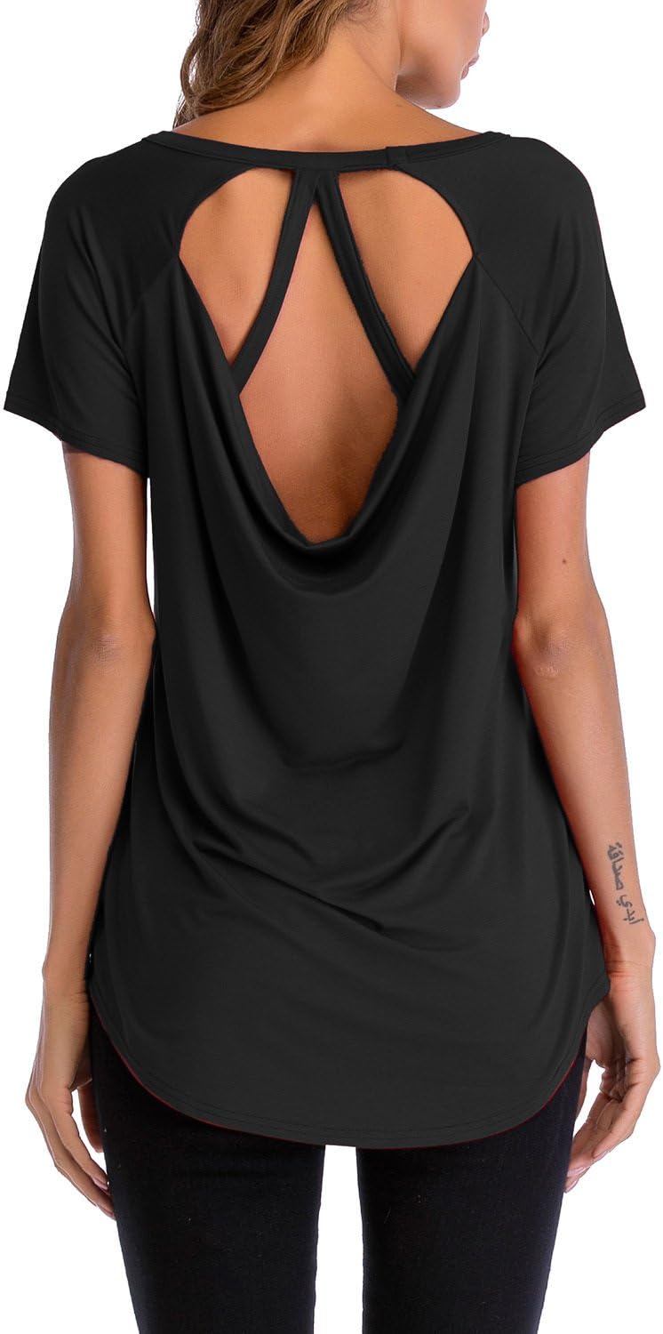Adreamly Women's Short Sleeve Loose Tops T Shirts with Strappy Back