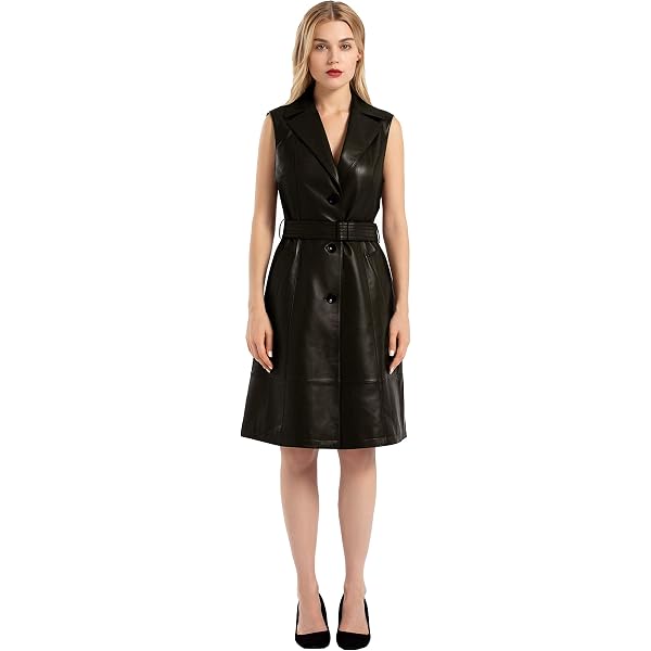 Women's Genuine Leather Cardigan Coat with Belt Sleeveless Trench Coat  Leather Jacket Dress Vest(Black, Medium) at Amazon Women's Coats Shop