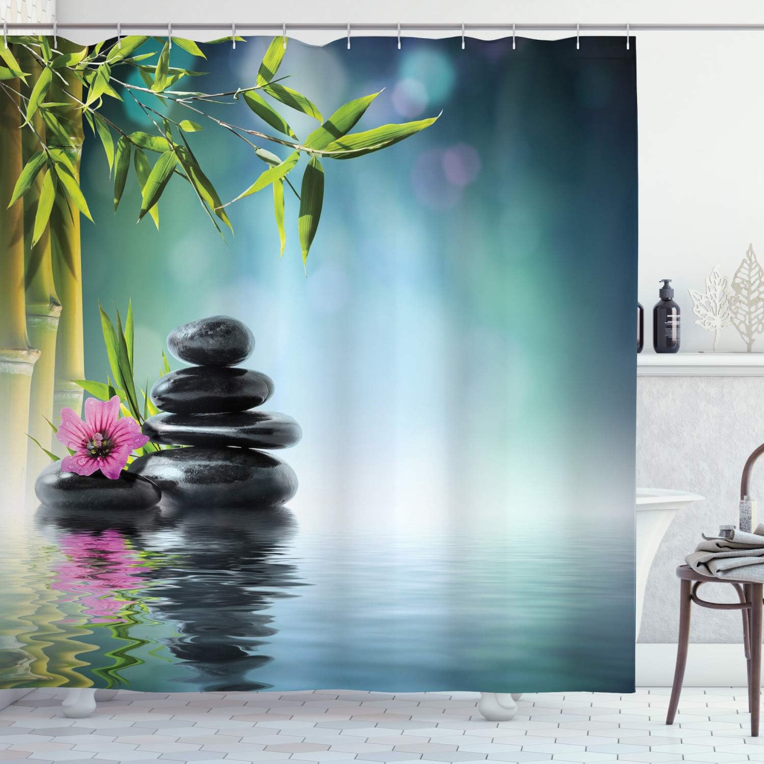 Amazon Com Ambesonne Spa Shower Curtain Tower Stone And Hibiscus With Bamboo On The Water Blurry Background Cloth Fabric Bathroom Decor Set With Hooks 75 Long Blue Black Home Kitchen