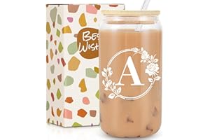 Frerdui Birthday Gifts for Women, Initial Glass Cups with Lids and Straws, Personalized Gifts, 16oz Glass Tumbler Cups w/Straw Lid, Monogrammed Gifts, Iced Coffee Cups - Valentines Birthday Gifts A
