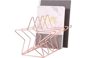 Simmer Stone Magazine Holder File Sorter, Metal 5 Slot Desk Organizer Rack for Document, Folder, Letter and Book, Rose Gold, Pentastar Shape