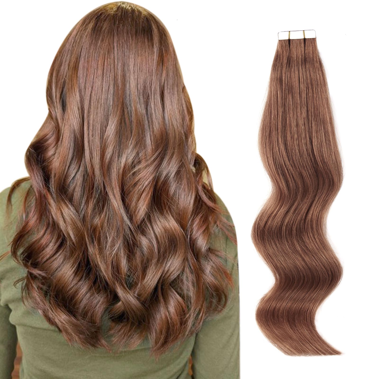 ABH AmazingBeauty Hair Semi-permanent Real Remi Remy Human Tape Hair Extensions 50g 20pcs Skin Weft Taped Invisible Seamless Reusable Auburn Color 33 20 Inch — image 1