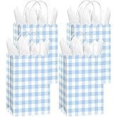 Yiaoyinnz 12 Pcs Blue Gingham Party Supplies Blue and White Plaid Party Favor Bags with Handles Light Checkered Treat Candy Goodie Bags for Wedding Birthday Baby Shower Picnic Favors