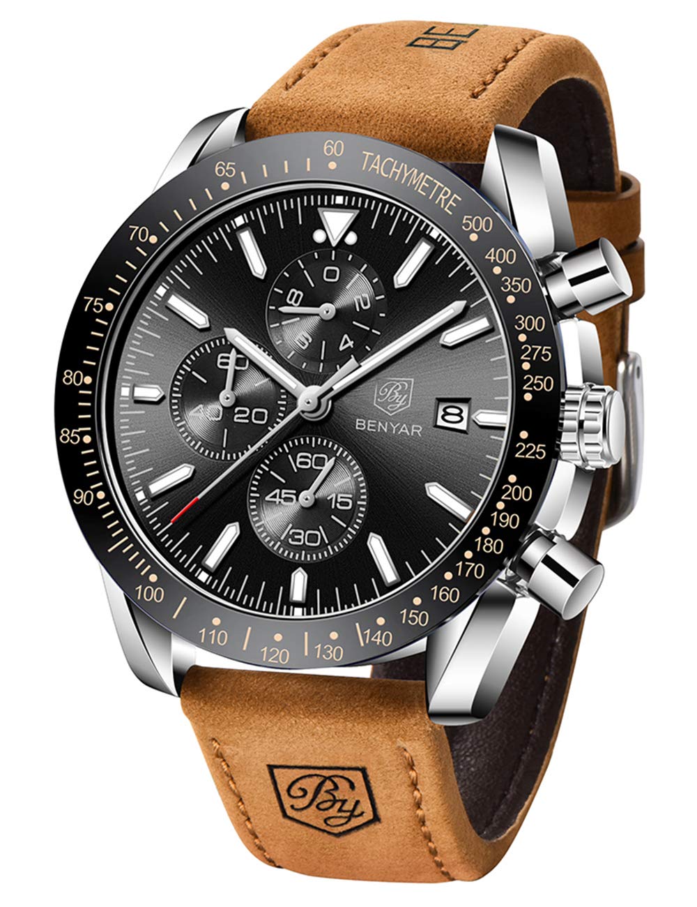 BENYAR Men's Quartz Watch Sport Chronograph Fashion Business Brand Luxury Waterproof Analog Date Watch Men Brown Leather Watch for Men(Brown Silver Black)