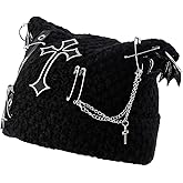Cat Ear Beanie Y2K Goth Accessories Gothic Punk Knitted Hat, Alternative Streetwear Winter Skullies for Women, Soft Stretchy Cuff Black