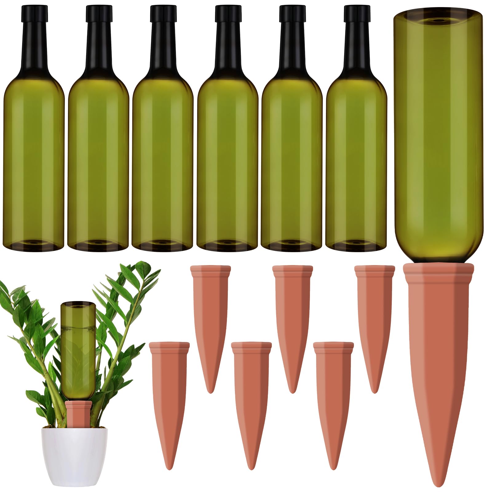 Photo 1 of Teenyyou 12 Pcs Watering Spikes for Indoor Plants Include 6 Terracotta Self Watering Spikes Devices and 6 Pcs 26 oz Plastic Bottles Slow Release Vacation Insert Automatic(Green)