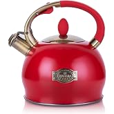 SUSTEAS Whistling Tea Kettle, 2.7QT Food Grade Stainless Steel Teapot, RED | Tea Pot for Stove with Ergonomic Handle, With 1 Silicone Pinch Mitt, for Induction, Gas, Electric, Radiant Cooktops