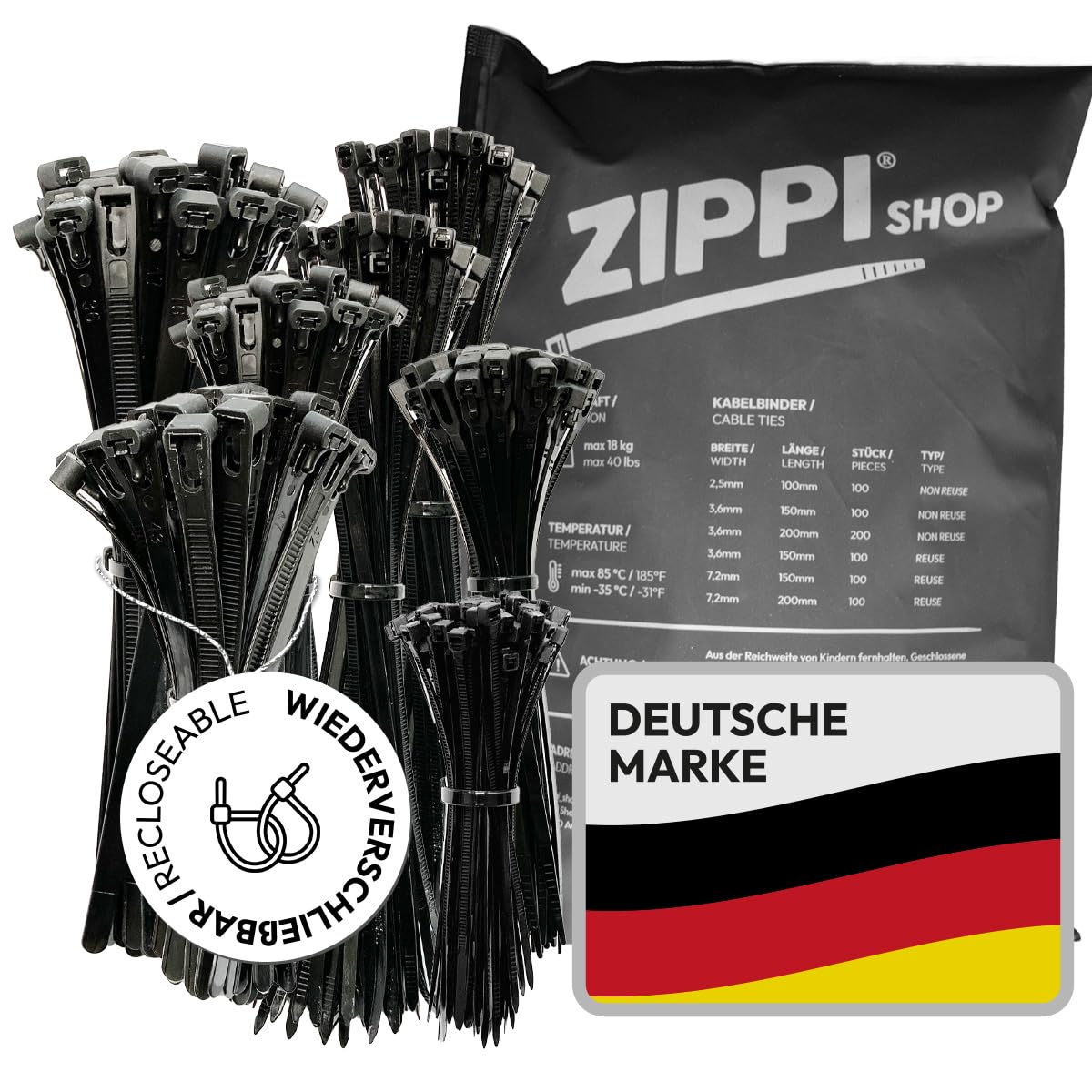 Zippi Shop Cable Ties Set Black 700 Pieces, Combination of Normal & Reusable, Made of PA66, 2.5 mm x 100 mm, 3.6 mm x 150/200 mm, 7.2 mm x 150/200 mm, Reusable, Cable Tie Set