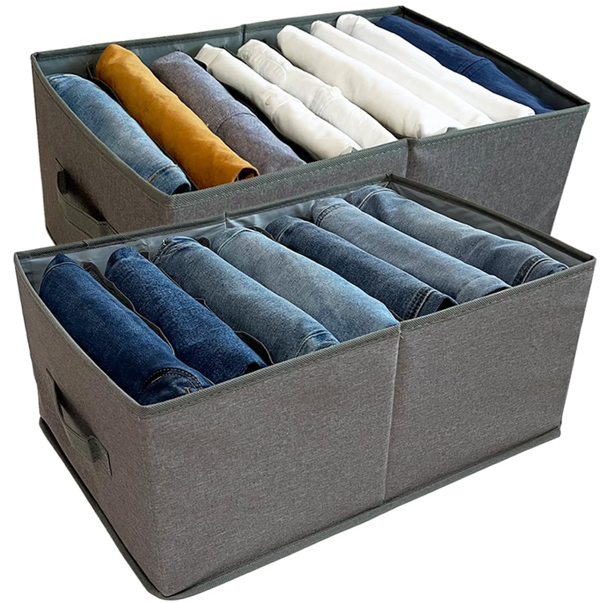 QINGGENG Extra-Large Wardrobe Clothes Storage Organiser with Dividers for Jumper, Jeans, Trousers, Shirts, Pants, Stackable Foldable Clothing Storage Boxes with Handle for Closet, Grey, Pack of 2