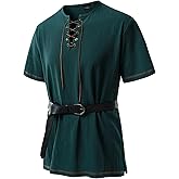 JEMITOP Men's Pure Cotton Retro Short Sleeves Lace Up Shirts for Casual Renaissance Pirate Medieval Viking Without Belt