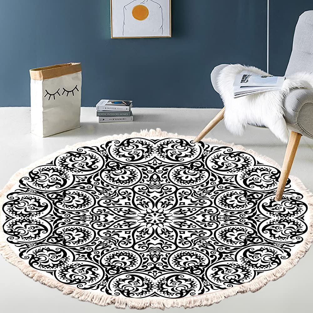 Vintage Boho Cotton Rugs, Mandala Pattern, Washable Hand Woven Bohemian Round Rug with Tassels for Bedroom, Hallway, Living Room, Coffee Table, Doormats, Machine Washable, 100 cm, Flowers #13