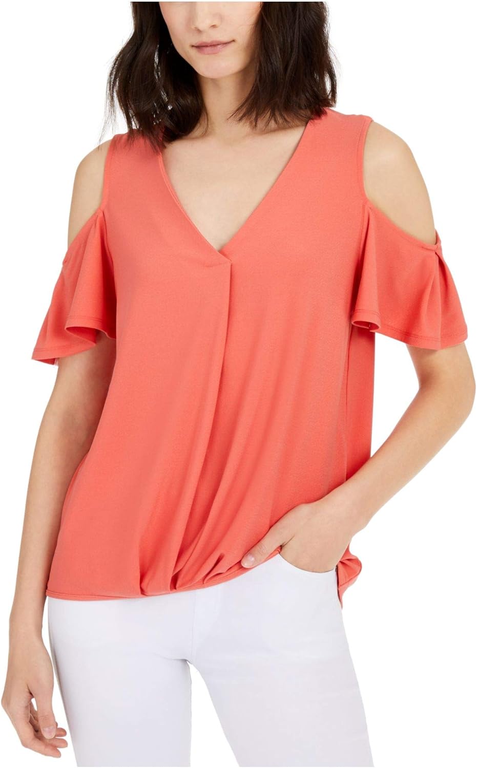 INC Womens Orange Cold Shoulder Short Sleeve V Neck Top UK Size8