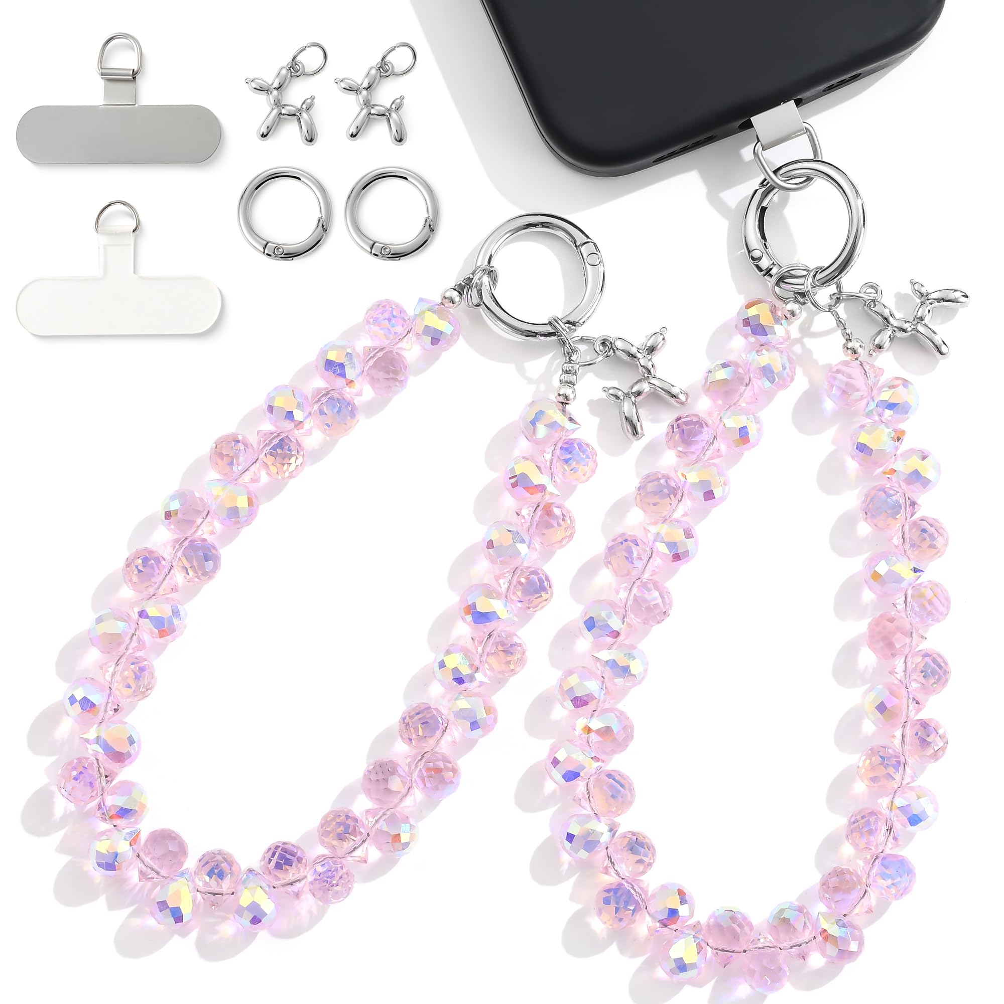 richginker 2pcs Crystal Phone Wrist Strap Phone Charm Chain Keychain Beaded Cellphone Lanyard with Tether Tab Hands-Free Wristlet Bracelet Wrist Grip Strap for Women, D-Pink AB