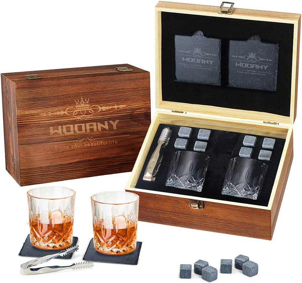 Whiskey Glass Set of 2 - Bourbon Whiskey Stones Gift Set -8 Granite Chilling Whisky Rocks with Tongs, Velvet Pouch & Coasters-Premium Gift for Whiskey Lover in Elegant Box