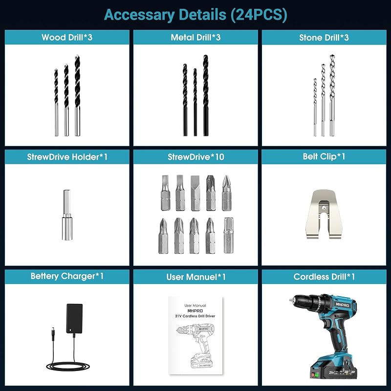 Perceuse Visseuse Sans Fil 21V, Visseuse Devisseuse avec Batteries 2.0Ah, 42N.m Percussion, 25+3 Réglages de Couple, pour Projet de Bricolage