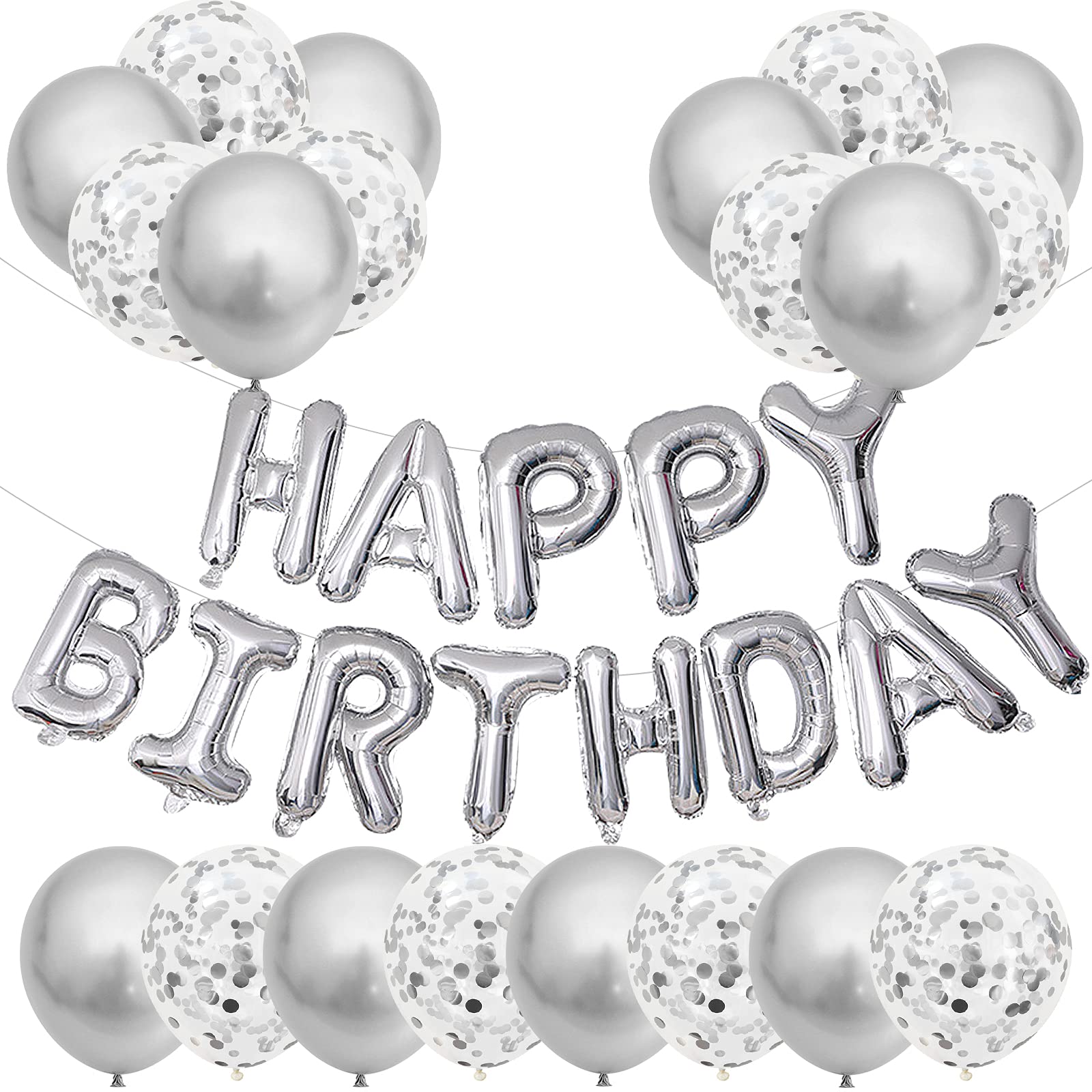 GREMAG Happy Birthday Banner, Silver Decoration, 20 Pack Balloons: 10 Silver Latex, 10 Confetti, 16inch Foil Balloons for Boys, Girls Party