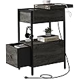 SOOWERY End Table with Charging Station, Narrow Side Table with Flip Top Cabinet and Fabric Drawer, Nightstand Bedside Tables for Small Spaces, Bedroom, Living Room, Dark Grey