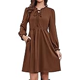 Alaster Queen Women's Fall Long Sleeve Dress Knit Ribbed Tie Front A Line Casual Ruffle Dresses with Pockets