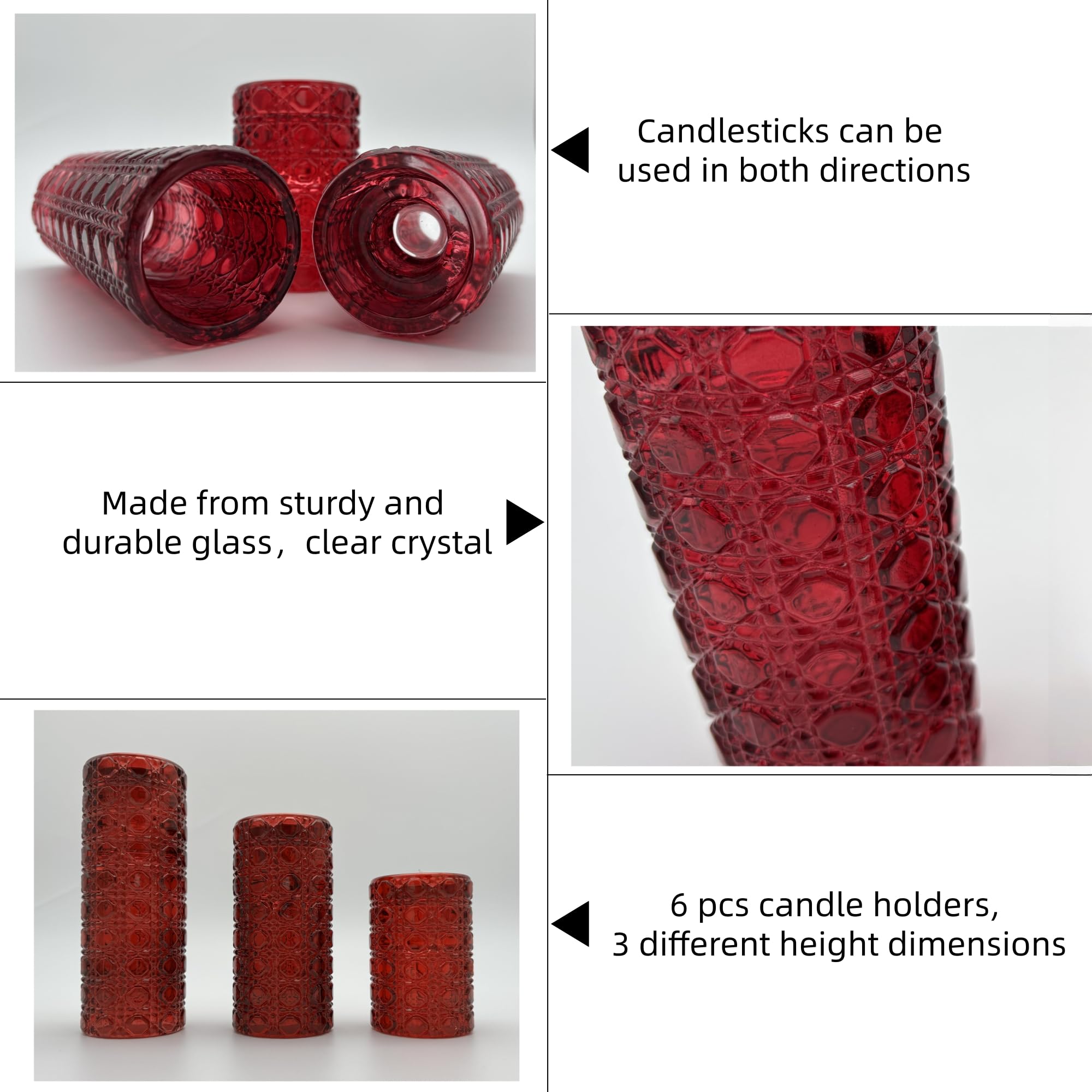 Red Glass Candle Holders Set, 6 Pack Clear Candlestick Holders 3 in 1 Crystal Candleholder Pillar Candle Stands, Tealight & Votive Candle Holder Home Decor Table Centerpieces Christmas Wedding