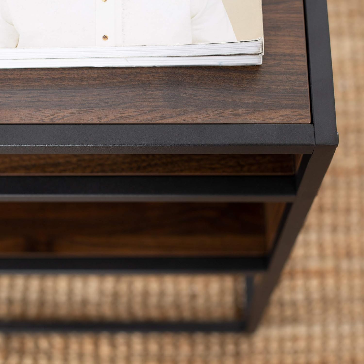 Walker Edison Industrial Modern Metal Frame Wood Rectangle Side Accent Set Living Room Storage Shelf End Table, Dark Walnut: Furniture & Decor