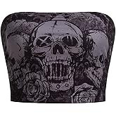SOLY HUX Women's Skull Floral Print Tube Crop Top Sleeveless Strapless Bandeau Y2K Tops