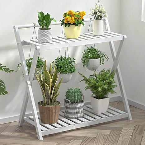 Amazon Co Jp 2層 フラワー スタンド 木製 盆栽棚 床置き ドレン設計 ガーデニング 花台 プランターラック 植物 スタンド 園芸ラック 植物棚 ベランダ 屋外 室内 ガーデニング 棚 湿気と防水 White 58x41x75cm ホーム キッチン